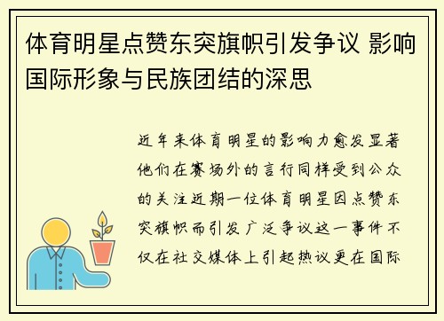 体育明星点赞东突旗帜引发争议 影响国际形象与民族团结的深思