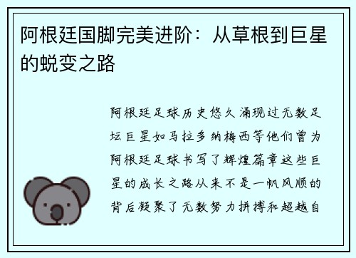 阿根廷国脚完美进阶：从草根到巨星的蜕变之路